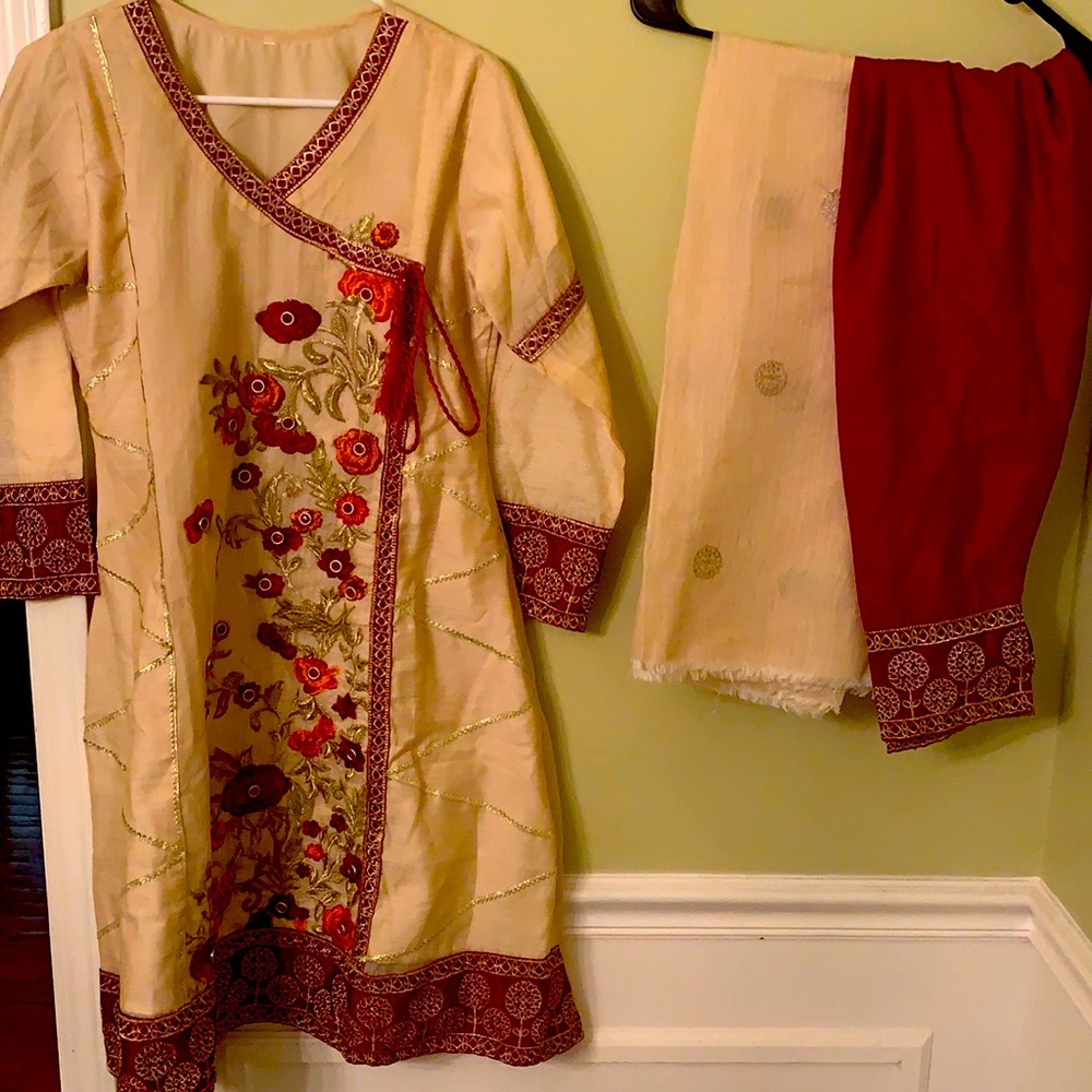 Beige and Red Shalwar Kameez Suit